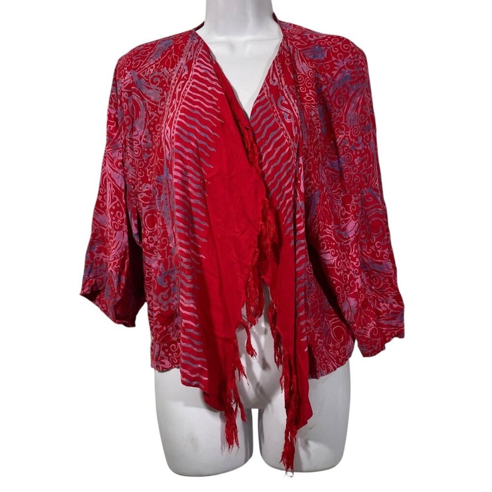 Wild Woman of Chico Open Front Cardigan w/Fringe Red Purple Artsy Boho Hippie